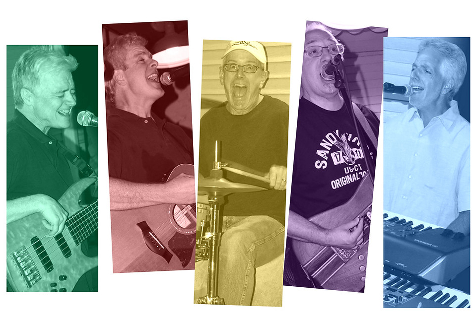 Four musicians passionately playing instruments in a stylized colored collage.